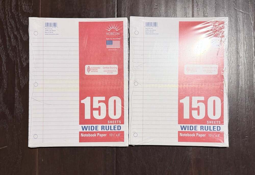 2 Pack Norcom Wide Ruled Notebook Paper 150 Sheets 10.5 x 8